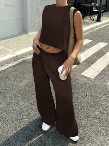 Muchica Women's Coffee Brown Round Neck Casual Loose Top & Pants Set - Coffee Brown - View 5