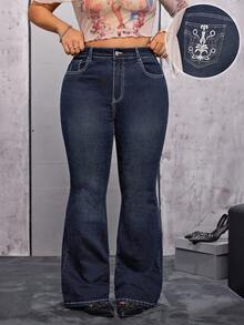 Jeanoix Quần jean ống loe thêu hoa cỡ lớn dành cho nữ - Màu xanh lam - Xem 1