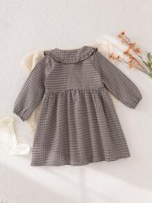 Playful Pals 年轻女孩编织格子荷叶边领口纽扣前部松紧袖口优雅长袖连衣裙，秋冬 - 棕色 - 查看 2