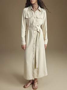 Ontre 2025 Modern Urban Style, Cream Yellow, Soft & Comfortable Fabric, Utility Pockets, Cinched Waist Fitted Design, Front Opening, Women's Shacket, Lapel Collar, Business Casual, Office Commute, Daily Wear, Autumn/Winter