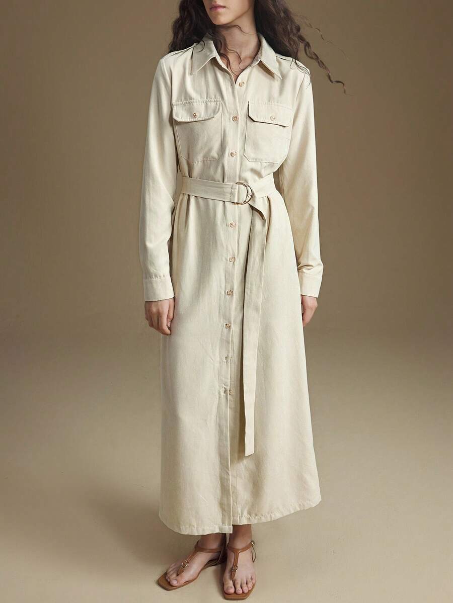 Ontre 2025 Modern Urban Style, Cream Yellow, Soft & Comfortable Fabric, Utility Pockets, Cinched Waist Fitted Design, Front Opening, Women's Shacket, Lapel Collar, Business Casual, Office Commute, Daily Wear, Autumn/Winter