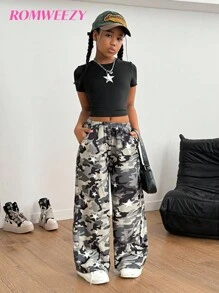 Sparklyn 2pcs/Set Tween Girl Streetwear Square Neck Star Print Tight Fit Short Sleeve T-Shirt + Loose Camouflage Wide Leg Pants, Casual Outfit, School, Campus, College