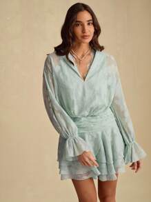 Enchnt Summer Romantic Women's Green Jacquard Cowl Lace Neck Dropped Shoulder Long Sleeve Layered Ruffle Hem Mini Dress, Suitable For Vacation,Sweet&Date&Holiday&Party&Graduation,Summer Clothes, ,Elegant Dresses For Party,Bohemian Clothes - Green - View 6