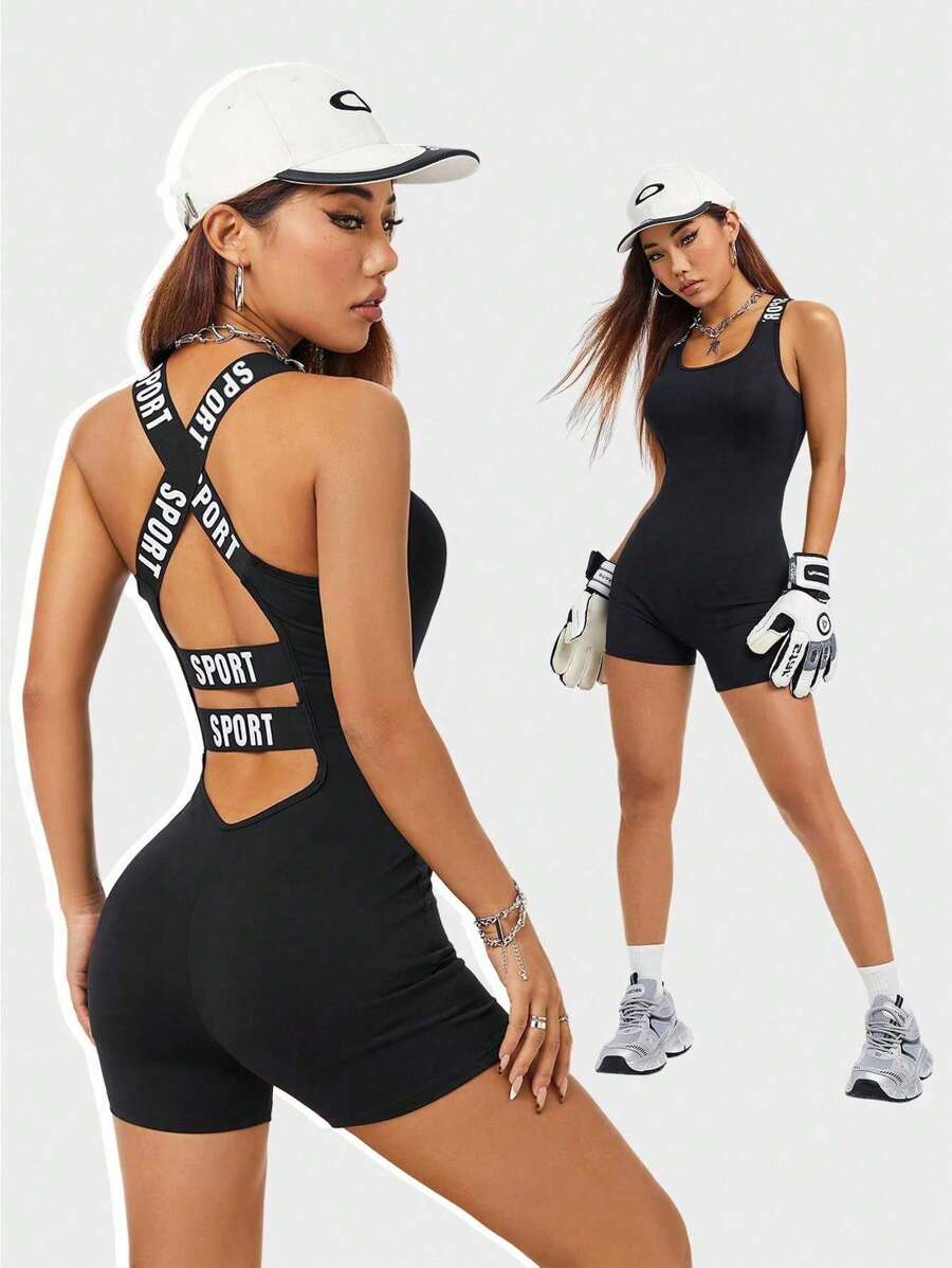 Coolane 女式露背紧身连体裤，饰有“Sport”字母罗纹饰边 - 黑色 - 查看 1