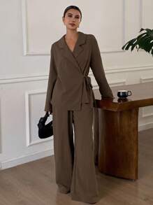 Livesso 秋冬新款宽松休闲蝴蝶结西装两件套女式家居服套装 - 咖啡棕 - 查看 4