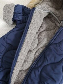 SHEIN 新生儿男女宝宝可爱连帽连体衣，带毛领，男女宝宝通用，抓绒/保暖/加厚，适合秋冬季节穿着 - 彩色 - 查看 8