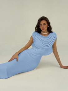 Aloruh Women Solid Color Drape Fit And Flare Dress Blue - Blue - View 5