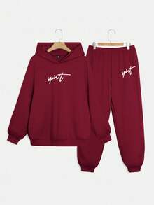 SHEIN EZwear 2 件酒红色加大码连帽宽松长袖运动衫和松紧腰长裤套装连帽衫和运动裤套装运动服 2 件套休闲套装女式舒适套装 - 酒紅色 - 查看 1