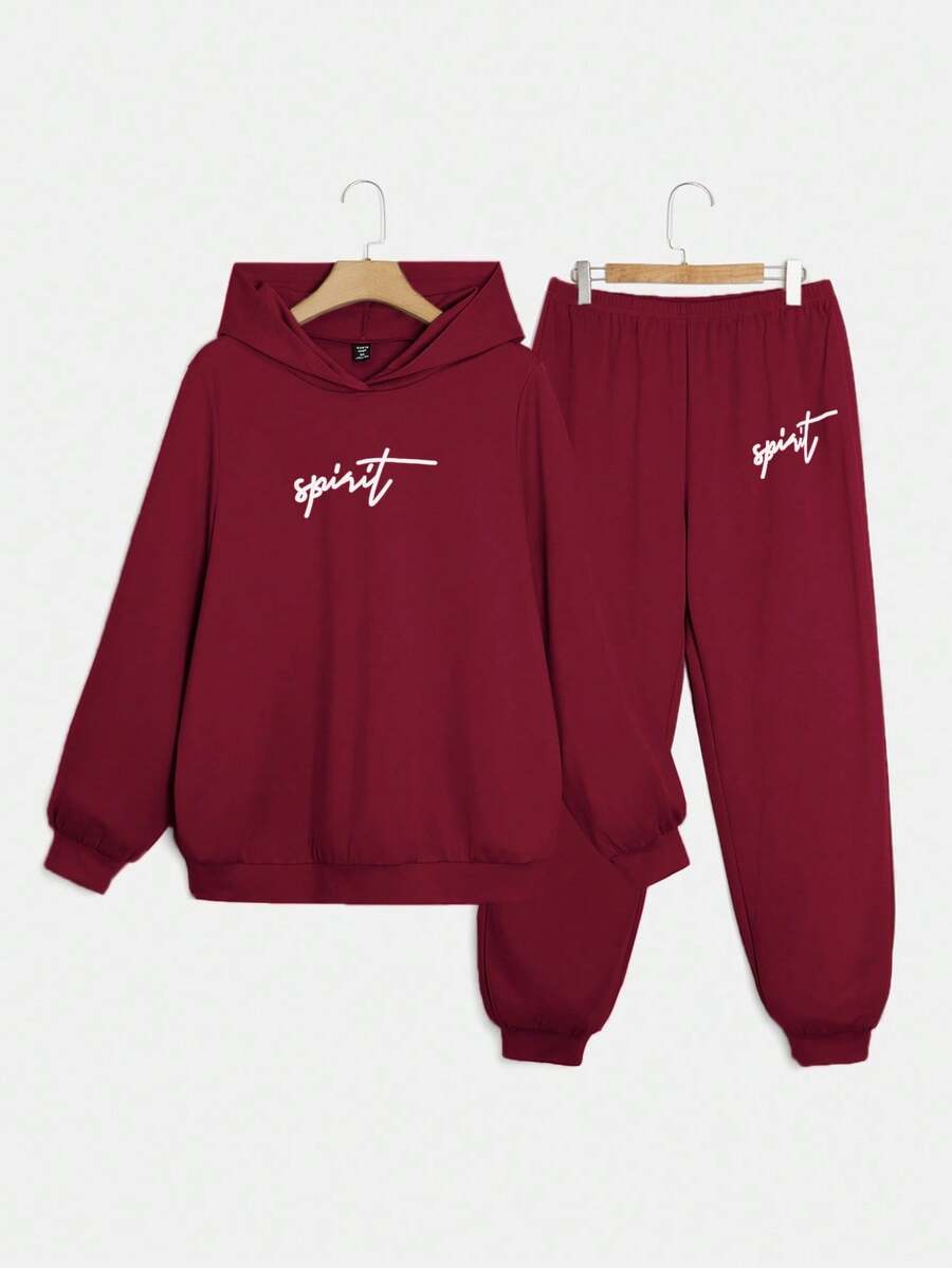 SHEIN EZwear 2 件酒红色加大码连帽宽松长袖运动衫和松紧腰长裤套装连帽衫和运动裤套装运动服 2 件套休闲套装女式舒适套装 - 酒紅色 - 查看 1