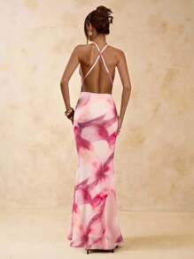 SHEIN BAE 女式优雅花卉印花露背鱼尾下摆连衣裙，夏季 - 粉色 - 查看 3