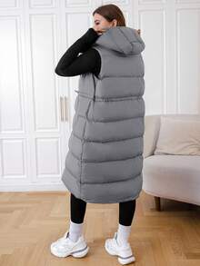 EURMUSE 冬季大码长款连帽黑色背心夹克 - 淺灰色 - 查看 2