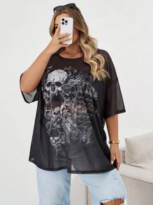 SHEIN CURVE+ 加大码夏季圆领短袖骷髅印花透明简约衬衫，适合女士休闲日常万圣节秋季服装、冬季、CURVE PLUS