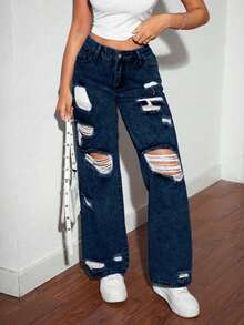 SHEIN Tall 女式深色做旧时尚牛仔裤 - 中等水洗藍 - 查看 5