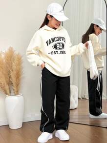 SHEIN Tween Girl Casual Retro Graphic Hooded Sweatshirt & Contrast Color Wide Leg Pants Set,Black,Autumn,School,Back-To-School Fall Winter Athleisure Outfit - Apricot - View 9
