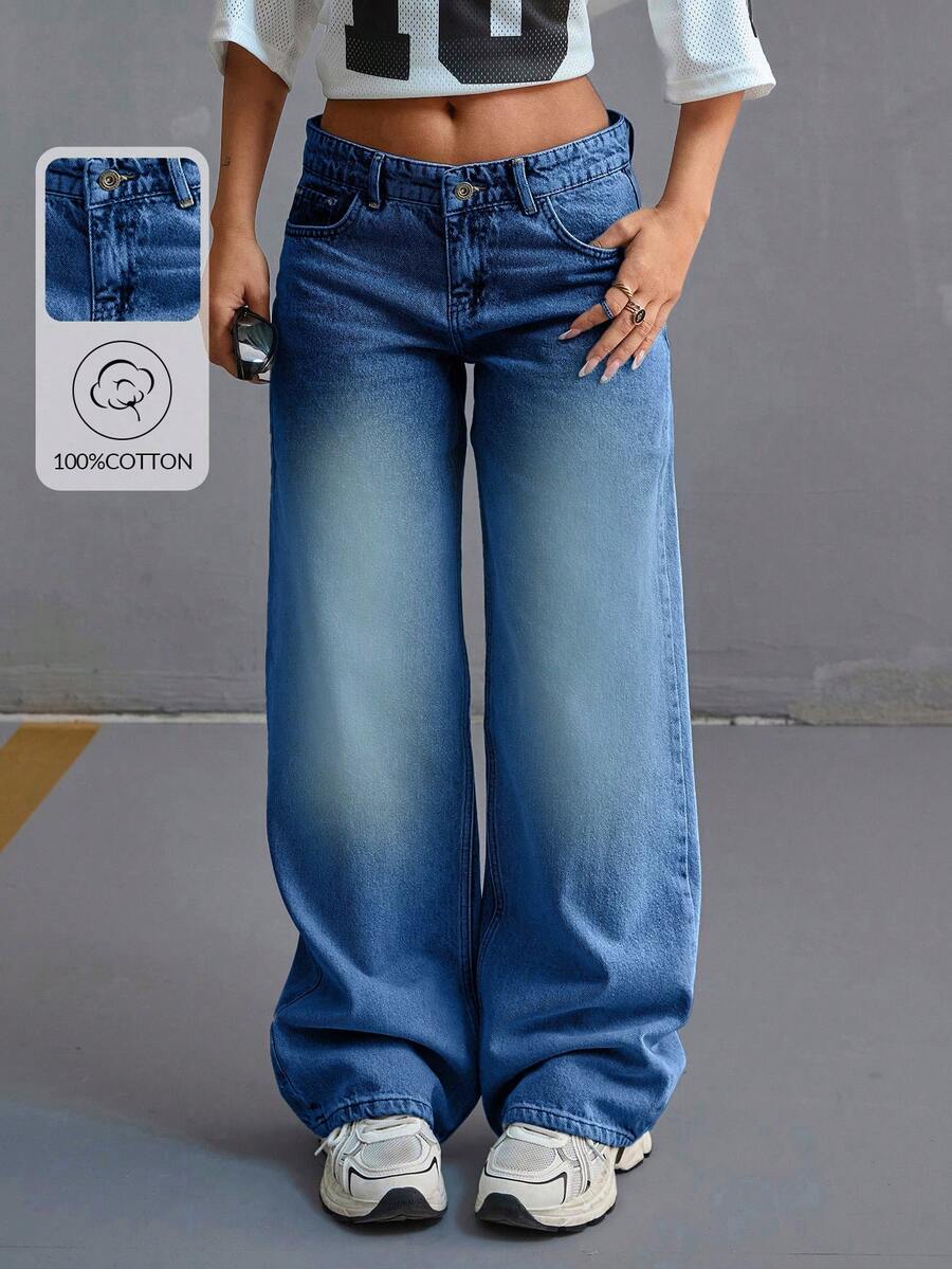 SHEIN Cottnline LOW WAIST DOUBLE POCKET BLUE JEANS WOMAN - Medium Wash - View 1