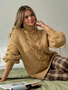 EURMUSE Women's Solid Color Minimalist Turtleneck Long Sleeve Cable Knit Sweater Brown Sweater Brown Knit Set Sweater Set,Jumper,Cream Jumper,Jumpers,Christmas Jumper,White Jumper,Black Jumper,Ladies Jumper,Women's Jumpers - Camel - View 5