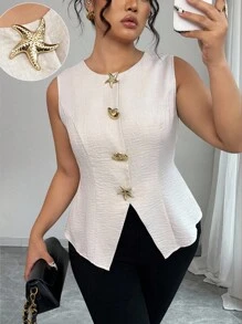 Elenzga Plus Size Summer Casual Commuter Metal Buckle Camisole - Apricot - View 1