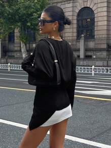 DAZY 女式纯色圆领长袖不对称下摆时尚衬衫，秋季女装 - 黑色 - 查看 2