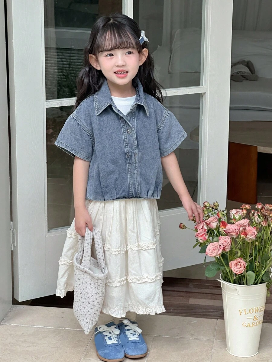 DAZY Young Girl Casual Washed Denim Short Sleeve Jacket - Blue - View 1