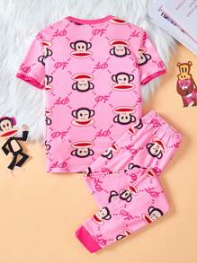 Paul Frank X SHEIN 2pcs Tween Girls' Cartoon Pattern Round Neck Raglan T-Shirt And Leggings Comfortable Stretchy Pajama Set - Hot Pink - View 2