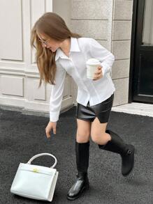 SHEIN Tween 女童休闲轻质纹理面料纽扣衬衫，带领和荷叶边下摆，适合夏季和秋季日常穿着 - 白色 - 查看 3