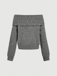 Skyraze Women's Faux Pearl Solid Off Shoulder Casual Sweater Jumpers Back-To-School Clothing Casual Daily Wear,Tops,Brunch Women,Renaissance Fair,Concert Women,Vacation Style Music Festival Autumn Winter Clothes For Women - Grey - View 2