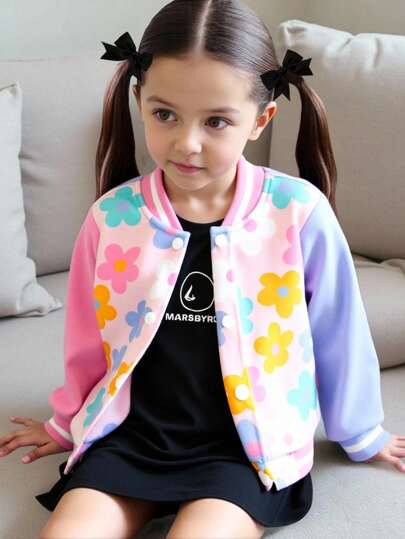 女童棒球夹克，前开襟长袖，可爱花朵图案，休闲运动上衣，适合度假、旅行、郊游，春秋两季女童碎花夹克，女童卡通夹克，纽扣毛衣，女童春季夹克，秋冬季