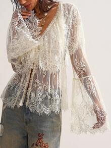 Bohemela Áo cánh tay dài cổ chữ V ren dệt kim màu trơn đơn giản cho nữ - Màu be - Xem 7