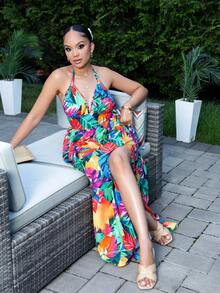 Melissa Matos Women Casual Holiday Deep V Neck Backless Ruched Split Thigh Maxi Dress With Botanical Print - Multicolor - View 5