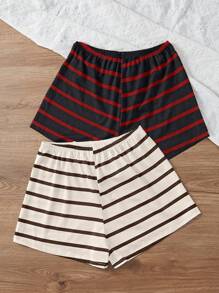 SHEIN 2pcs Set Apricot Striped Casual Sleep Shorts, Suitable For Summer - Multicolor - View 2