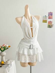 Soleia Spring & Summer Vacation Sexy Halter Draped Neck Backless Tie Strap Double-Layered Hem Metal Buckle Accent Women Mini Dress, Suitable For Music Festivals, Boho, Holidays, Dates, Cruises, Beach - White - View 4