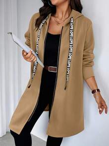EMERY ROSE Plus Size Women Long Sleeve Zip Front Letter Drawstring Hooded Fleece Casual Jacket Winter Fall Autumn - Khaki - View 5