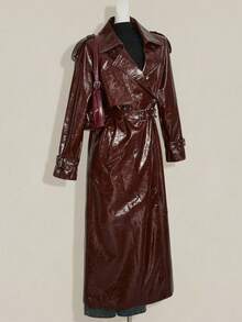 SHEIN ICON 女式纯色长袖 PU 皮夹克 - 酒紅色 - 查看 9