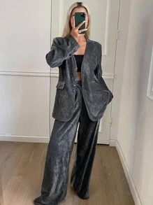 Livesso Women's V-Neck Loose Jacket And Casual Pants 2 Pieces Set - Grey - View 3