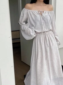 DAZY 新款秋季宽松休闲慵懒蝴蝶结露肩女式两件套家居服套装 - 杏色 - 查看 3