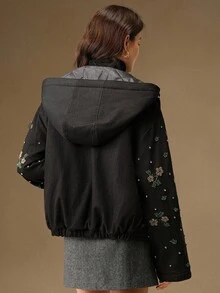 Anewsta Women's Elegant Black & Gray Denim Floral Embroidered & Rhinestone Decorated Hooded Winter Coat, Suitable For Autumn, Fall, Winter, Going Out, Formal, Party, Chic, New Year, Graduation