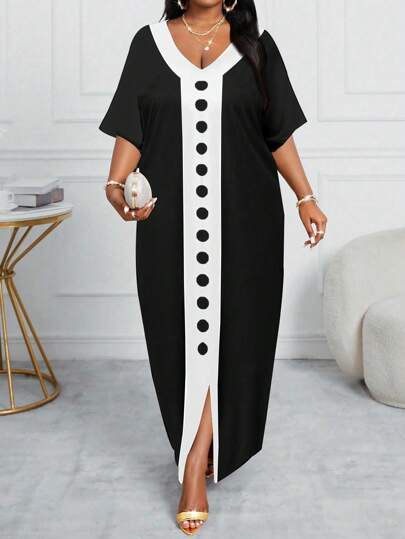 SHEIN Lady 2025 New Spring And Fall Autumn And Winter Casual Elegant Boho Commuting Office Black And White Woven V Neck Ball Gown Tunic Dress Kaftan Dress Long Long Sleeve Plus Size Dresses Elegant Women Dresses Classy Outfits Fall Clothes For Women,Fall Dresses For Women Plus Size Black And White Dress Plus Size Maxi Dress Plus Size Casual Dress Plus Size V-Neck Dress Black And White Color Block Dress  Dresses For Women Elegant Wedding Guest Dress Women  Fall Clothes For Women Casual Halloween Formal Dress Black&White  Dress Evening Dress Chic Wedding Chic Dress  Wedding Guest Saudi National Day Autumn Fall Clothes For Women Winter Fall Outfits For Women  Halloween Costumes Christmas Women's Clothing