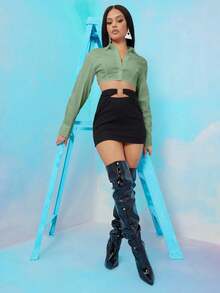 EURMUSE Áo sơ mi nữ tay dài đơn giản, tối giản, màu trơn - Màu xanh chanh - Xem 5