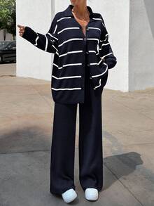 EURMUSE Women Striped Sweater Cardigan And Pant Set,Co Ord,Winter Clothes - Navy Blue - View 4