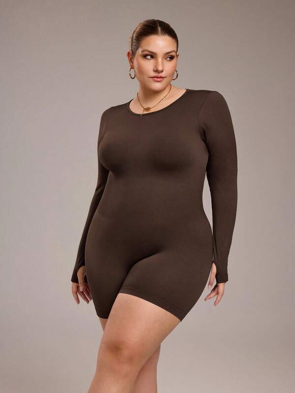 Rhythm Era Plus Size Women's Brown Winter Athletic Pilates Solid Round Neck Long Sleeve Fitted Jumpsuit Shapewear Tummy Control Seamless Bodysuit Romper