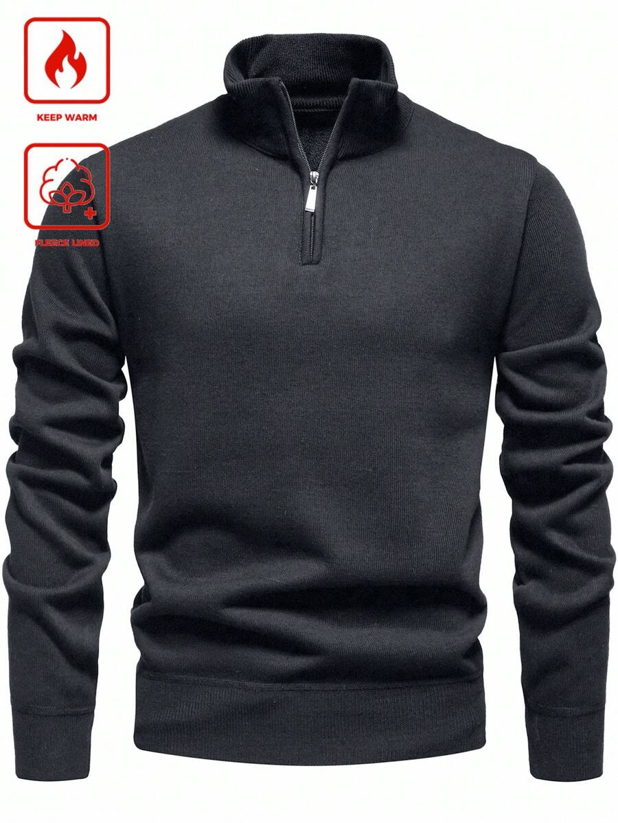 Men's Pullover Sweater, Solid Color Knitted Sweater With Fleece Lining, Autumn/Winter