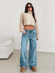 EURMUSE Quần Jeans Nữ Ống Rộng Túi Eo Thấp Thường Ngày Đa Năng - Rửa nhẹ - Xem 3