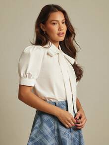WESTFADE White,Summer,Elegant,Office 100% Cotton Poplin Bow Tie Neck Puff Sleeve Dolphin Hem Button Up Cute Top Autumn,Winter,Nashville Country Concert,Boho - White - View 6