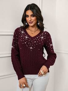 Xyvia Elegant Sexy Beaded V-Neck Long Sleeve Knit Sweater, Autumn/Winter Fall Cloth For Women