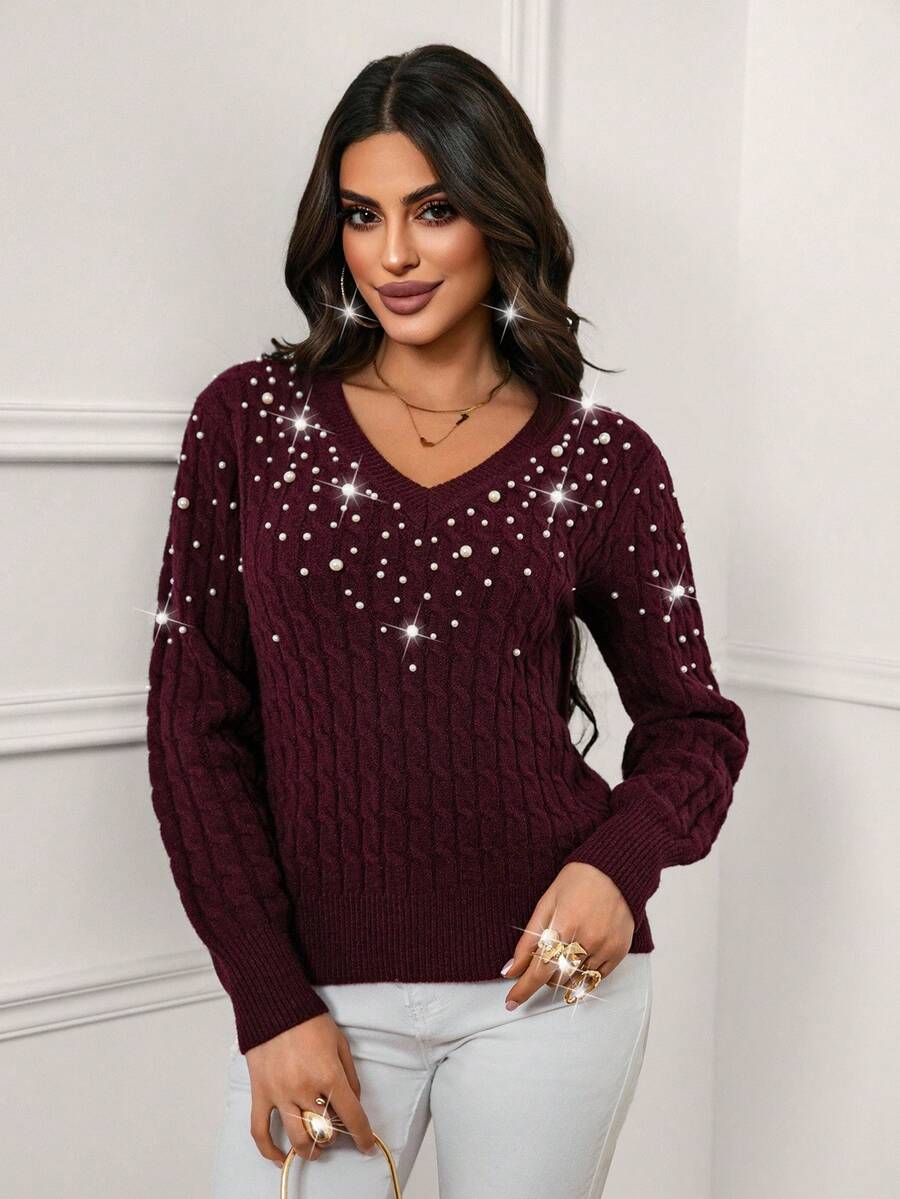 Xyvia Elegant Sexy Beaded V-Neck Long Sleeve Knit Sweater, Autumn/Winter Fall Cloth For Women