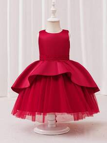 Glamorique Kids Young Girls' Elegant Satin Sleeveless Tulle Trailing Dress, Beaded Waistband, Bow Back Design, Suitable For Year-End Parties And Gatherings To Showcase Young Young Girls' Noble, Graceful And Style Red Flower Girl Dress Bow Dress For Girls Red Formal Dress For Girls,Christmas Dress Elegant Red Dress Kids Bow Dresses For Girls Red Formal Dress For Girls Burgendy Fall Winter