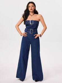 Rivivi 女式时尚挂脖牛仔连体裤 - 深色水洗藍 - 查看 5