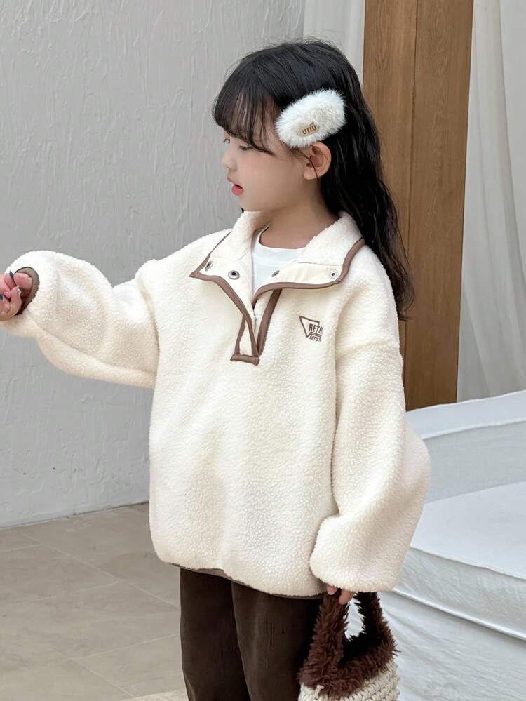 Young Girl' Sherpa Embroidered Korean Style Long Sleeve Sweatshirt, Spring/Autumn
