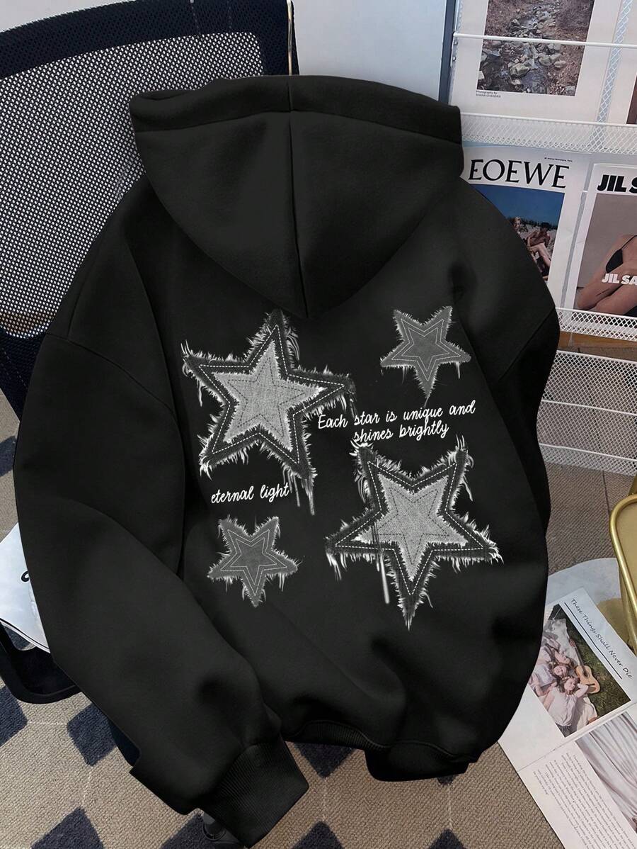 SHEIN Leap Crew 少女休闲简约个性五角星图案黑色长袖连帽宽松加厚时尚百搭卫衣,适合秋冬季节穿着。 - 黑色 - 查看 1