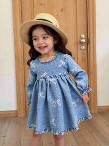 Elladie kids Baby Girl Denim Dress 1pc Baby Girls' Casual Cute Blue Washed Denim Dress Baby Denim Dress Toddler Denim Dress Bow Denim Dress Blue Denim Dress Blue Baby Dress Fall Winter - Blue - View 1